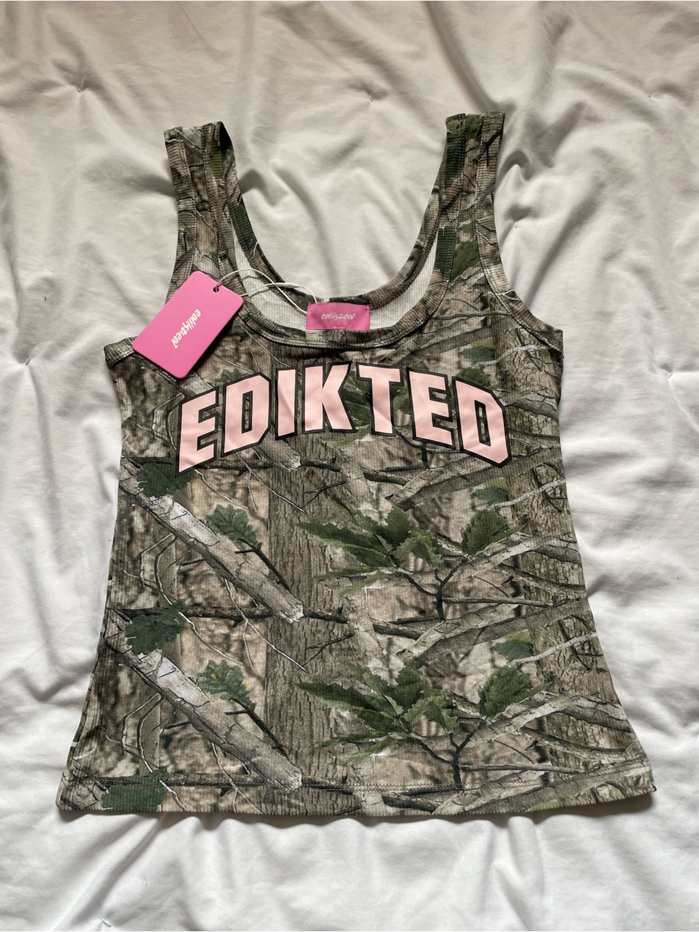 Edikted Green Camo Tank with Pink Logo